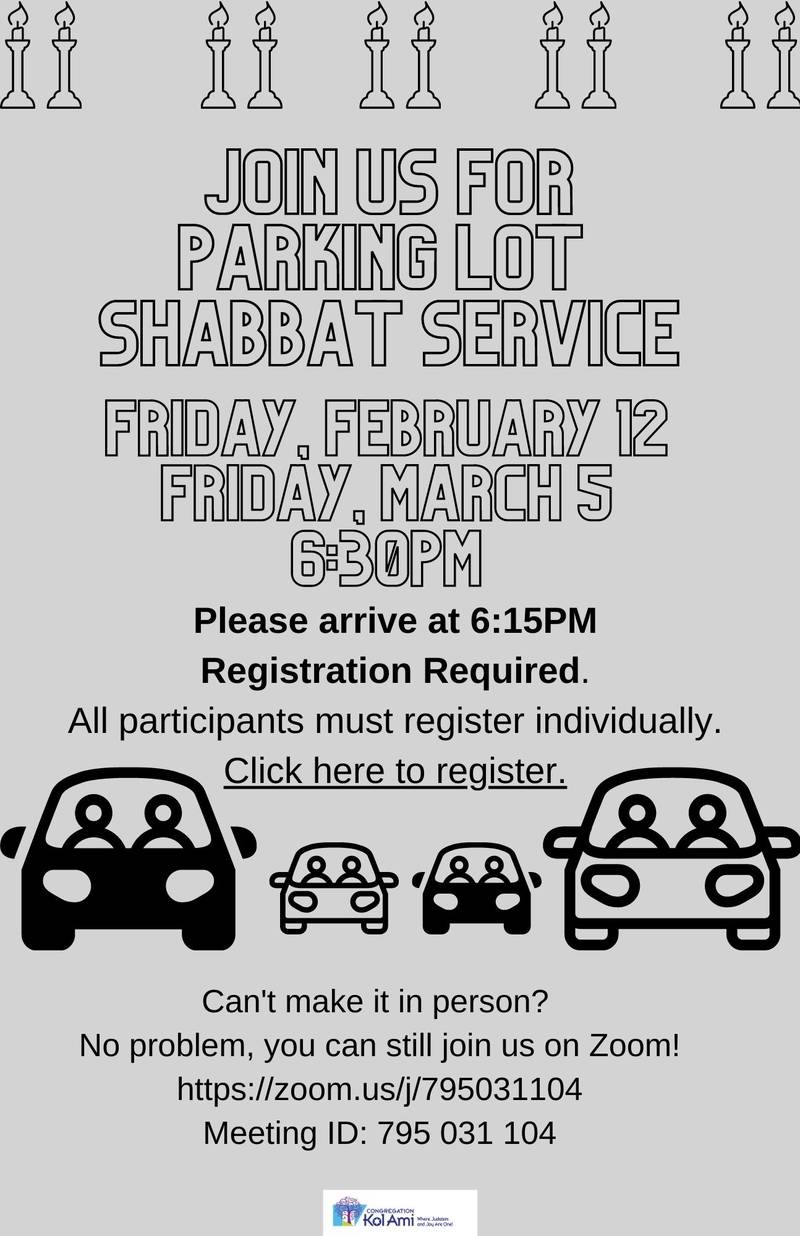 Banner Image for PARKING LOT SHABBAT SERVICE OR ZOOM: Registration Required for In Person- Click here for Zoom & Registration links