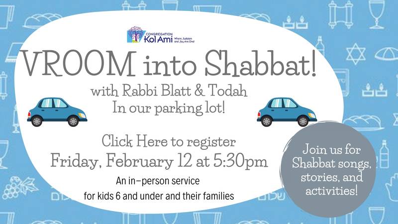 Banner Image for VRoom into Shabbat with Rabbi Blatt and Todah: Click Here to register for In-Person Service