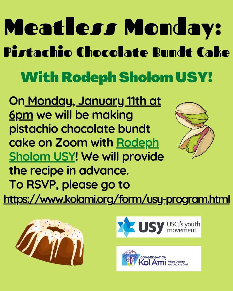 Banner Image for USY: Meatless Monday- Pistachio Chocolate Bundt Cake- Click Here for More Information