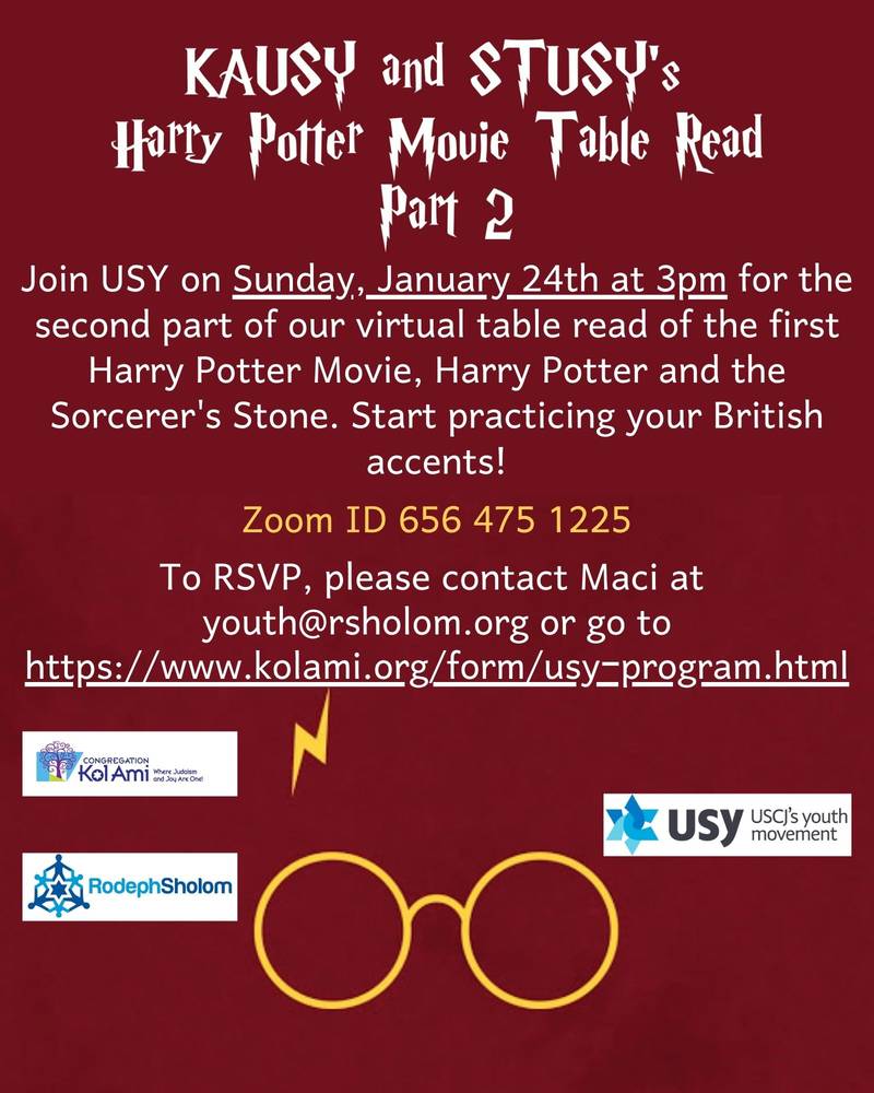 Banner Image for USY: Harry Potter Movie Table Read, Part 2: Click here for More Information