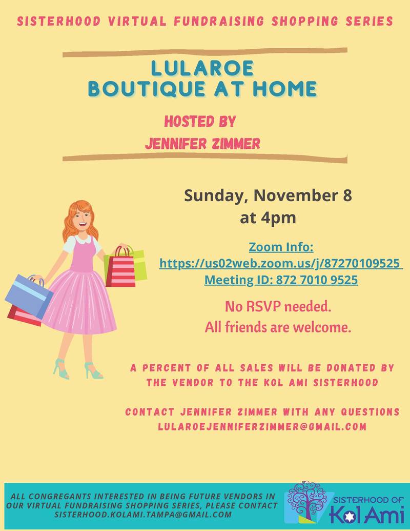 Banner Image for Sisterhood Virtual Fundraising Shopping Series: LulaRoe Boutique at Home with Jenn Zimmer: Click Here for Zoom Link