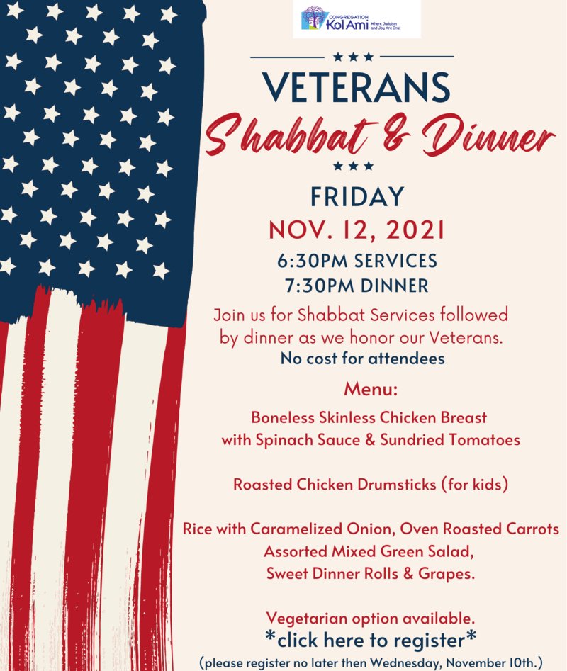 Banner Image for In-Person &Virtual Veteran's Shabbat Services and Dinner
